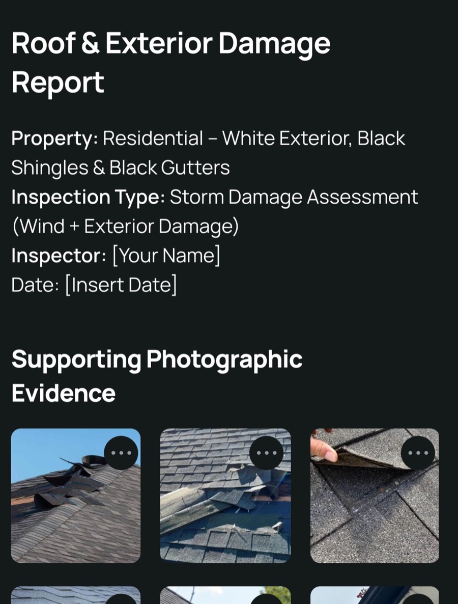 Roof and exterior damage report with supporting photos
