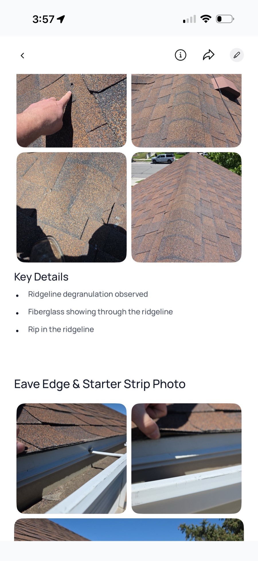Sample roof damage report with tagged photos