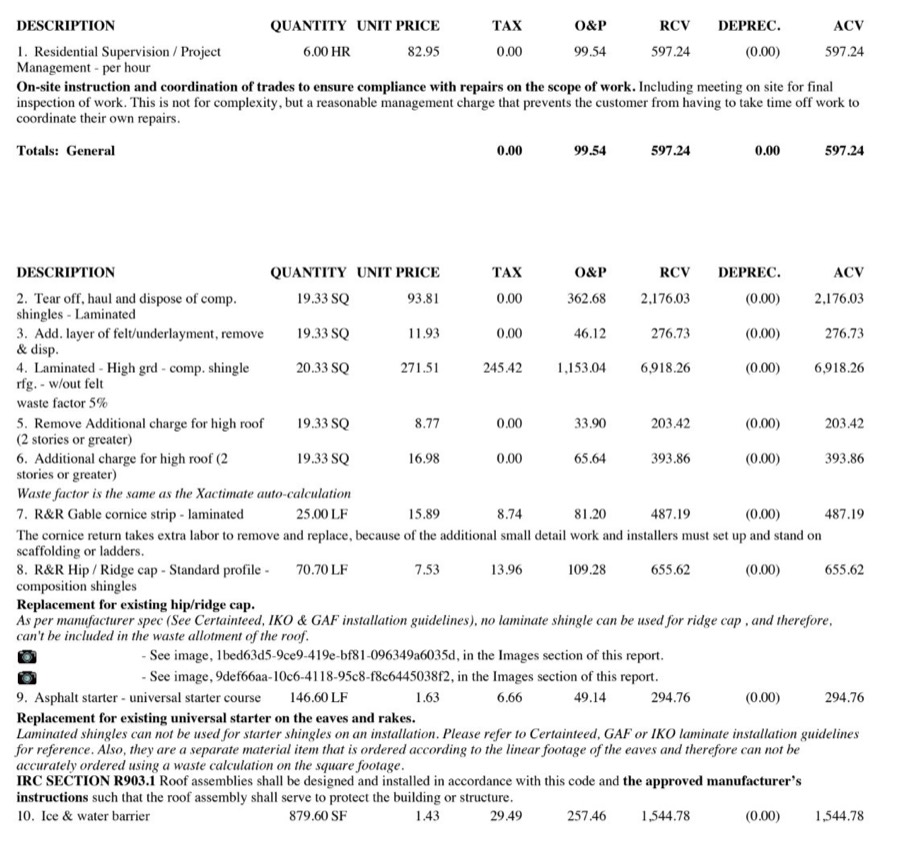 Sample Xactimate insurance estimate
